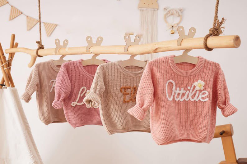 Personalized Hand embroidered Name Baby Sweater,Custome Baby Name Sweater,Pink Baby Girls Sweater With Name,Birthday Gift For Baby Girls Boy