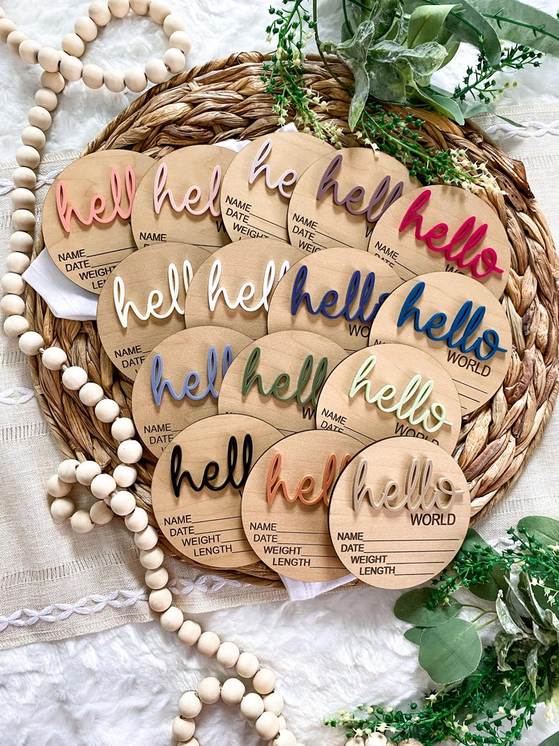 Baby Birth Announcement Wood Disc - Newborn Birth Stat Circle - Milestone Card - Hello World Hospital Sign - 3D Wood Photo Prop - Plaque