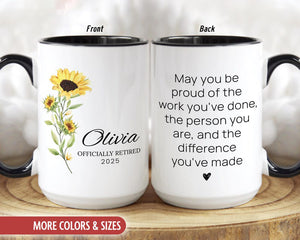 Retirement Floral Mug, Personalized Happy Retirement Cup, Custom Retired Gifts for Women Her Coworker Boss Woman Teacher, Retiring Coffee Mug