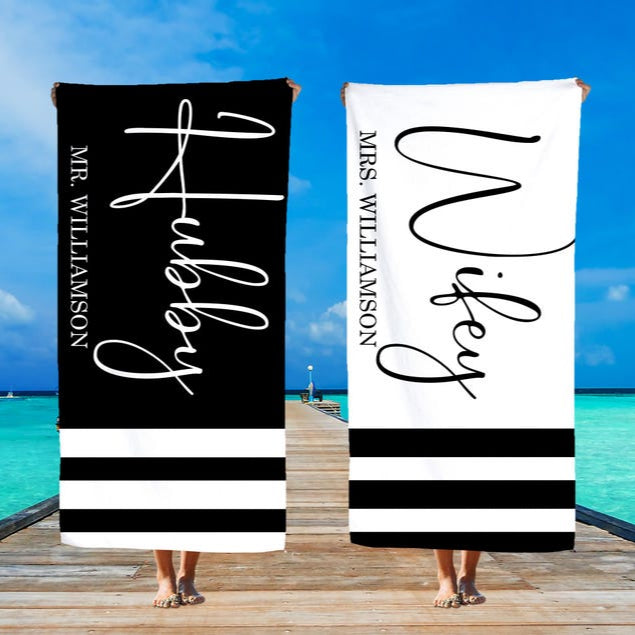 Wifey Hubby Beach Towel, Mr. And Mrs. Beach Towel, Honeymoon Gifts, Custom Couple Towel, Personalized Wedding Gift, Just Married Gift