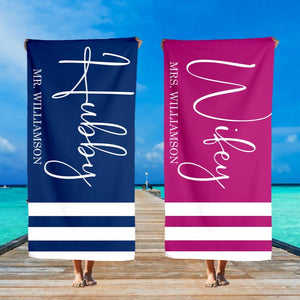 Wifey Hubby Beach Towel, Mr. And Mrs. Beach Towel, Honeymoon Gifts, Custom Couple Towel, Personalized Wedding Gift, Just Married Gift