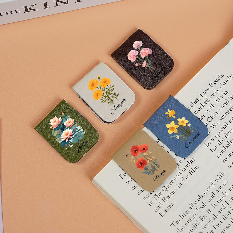 Leather bookmark with birth flower, personalized leather magnetic bookmark, custom name bookmark, birthday gift for book lovers