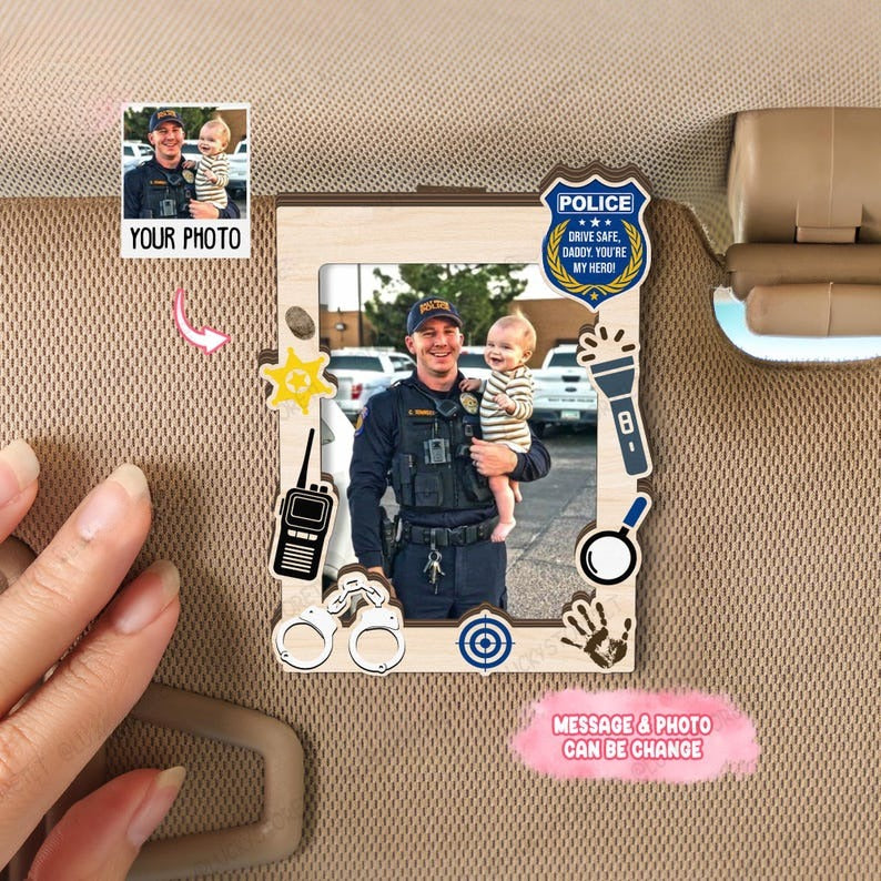 Personalized Drive Safe Daddy Police Officer Badge Car Visor Clip,Custom Photo Drive Safe Dad Visor Clip, New Dad Gift,Fathers Day Car Decor