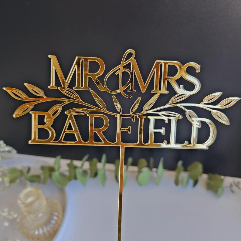 Rustic Gold Wedding Cake Topper, Floral Cake topper for Wedding, Mr and Mrs Cake Toppers, Custom Cake Toppers, Anniversary Cake Topper
