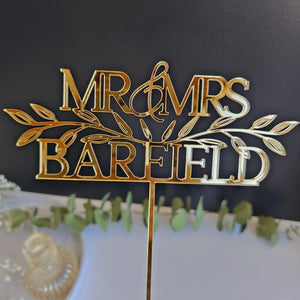 Rustic Gold Wedding Cake Topper, Floral Cake topper for Wedding, Mr and Mrs Cake Toppers, Custom Cake Toppers, Anniversary Cake Topper