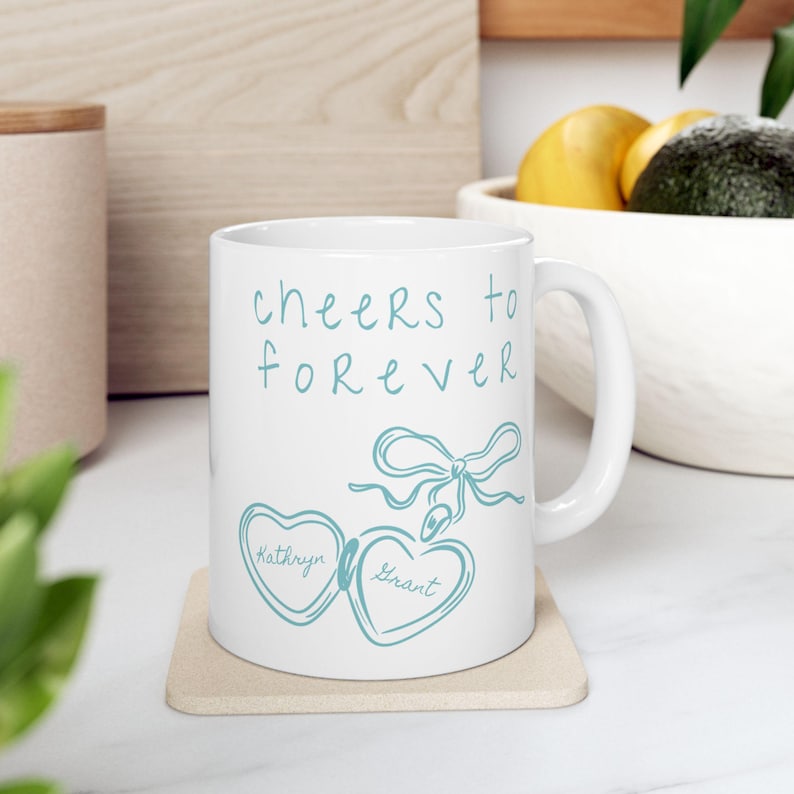 Custom Heart Locket Ceramic Mug | Newly Engaged Gift, Something Blue Fiance Gift, Engagement Gift Box, Cappuccino Coffee Lover Mug