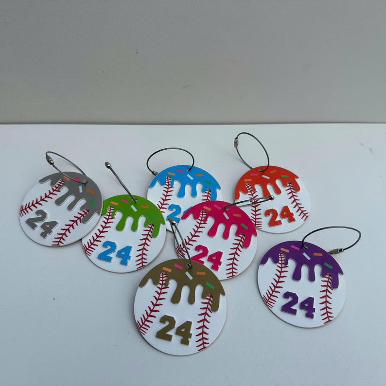 Custom Acrylic Baseball Bag Tag: Drip Design, Personalized Number