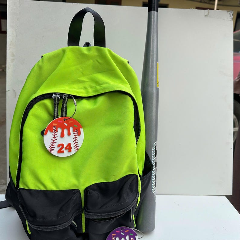 Custom Acrylic Baseball Bag Tag: Drip Design, Personalized Number