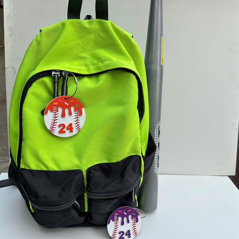 Custom Acrylic Baseball Bag Tag: Drip Design, Personalized Number