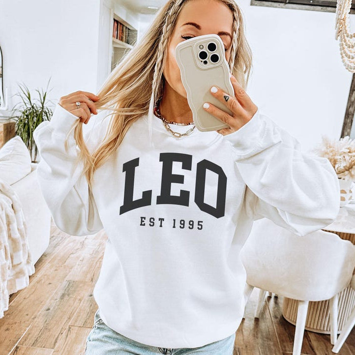 Custom Leo Sweatshirt, est 1995, Cute Leo Energy Gift For Leo, Zodiac Astrology Horoscope Shirt, Unisex Crewneck Sweatshirt