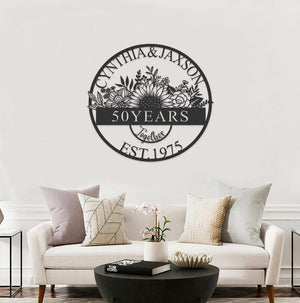 Custom 50th Anniversary Metal Sign,Personalized 50th Wall Art,Golden Anniversary,Sunflower Wedding Sign,Anniversary Gift,Gift For Couple