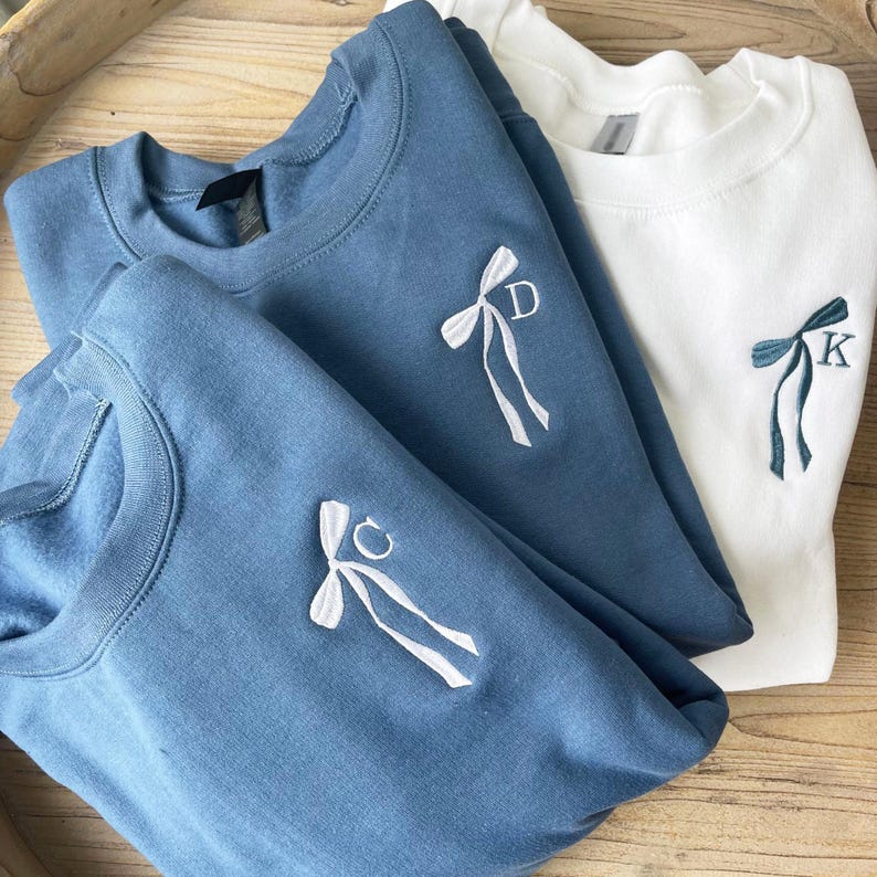 Custom Initial Bow Ribbon Embroidered Crewneck Sweatshirt - Hoodie | Bridal Party Sweatshirt | Bridesmaid Proposal |Cute Bow Shirt il_794xN.6749307172_5vij.jpg