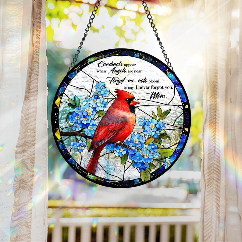 Cardinal Glass Suncatcher, Mom Memorial Gift, Forget Me Not Window Hanging, In Memory of Mom, Nana's Blessings, Mothers Day Gift