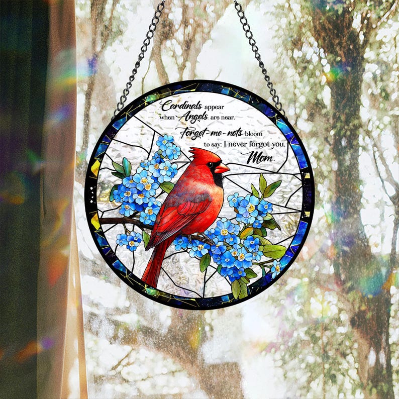 Cardinal Glass Suncatcher, Mom Memorial Gift, Forget Me Not Window Hanging, In Memory of Mom, Nana's Blessings, Mothers Day Gift