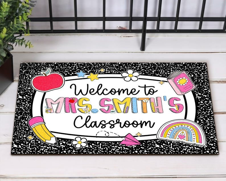 Personalized Teacher Classroom Doormat, Composition Book Doormat, Custom Teacher Welcome Doormat, Classroom Decor, Teacher Appreciation Gift
