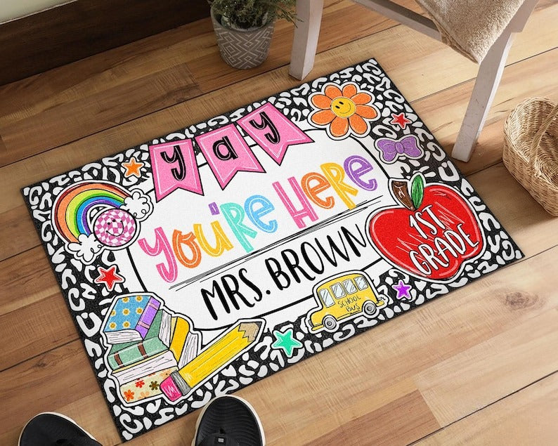 Personalized Teacher Classroom Doormat, Composition Notebook Classroom Decor, Teacher Appreciation Gift, Groovy Doormat, Back To School