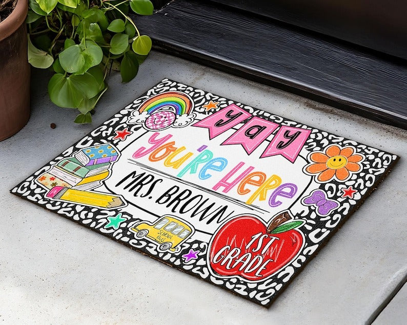 Personalized Teacher Classroom Doormat, Composition Notebook Classroom Decor, Teacher Appreciation Gift, Groovy Doormat, Back To School
