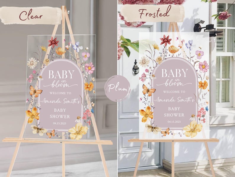 Baby in Bloom Acrylic Baby Shower Sign Personalized Floral Welcome Sign for Spring Baby Shower, Custom Event Decor, Clear or Frosted Sign