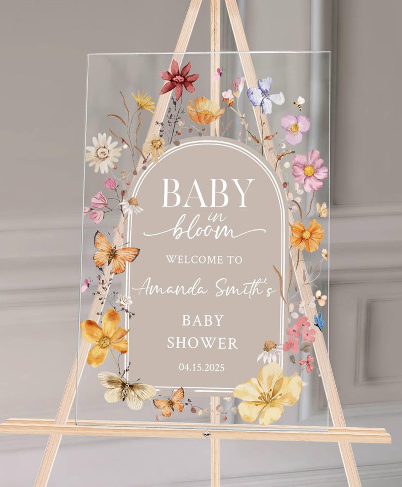 Baby in Bloom Acrylic Baby Shower Sign Personalized Floral Welcome Sign for Spring Baby Shower, Custom Event Decor, Clear or Frosted Sign
