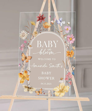 Baby in Bloom Acrylic Baby Shower Sign Personalized Floral Welcome Sign for Spring Baby Shower, Custom Event Decor, Clear or Frosted Sign
