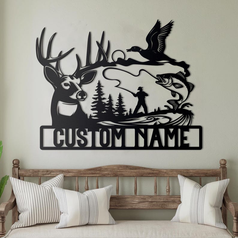 Hunting and Fishing Metal Sign, Custom Metal Family Name Sign, Personalized Deer Sign, Outdoor Wall Art, Rustic Cabin Decor, Metal Name Sign