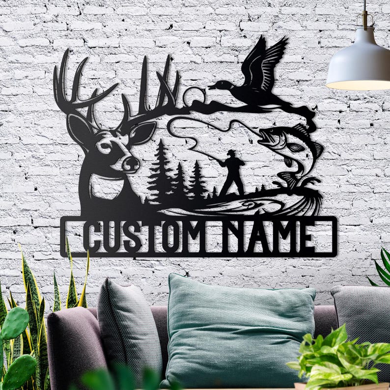 Hunting and Fishing Metal Sign, Custom Metal Family Name Sign, Personalized Deer Sign, Outdoor Wall Art, Rustic Cabin Decor, Metal Name Sign