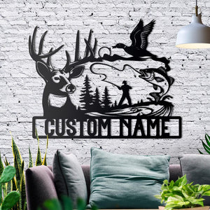 Hunting and Fishing Metal Sign, Custom Metal Family Name Sign, Personalized Deer Sign, Outdoor Wall Art, Rustic Cabin Decor, Metal Name Sign