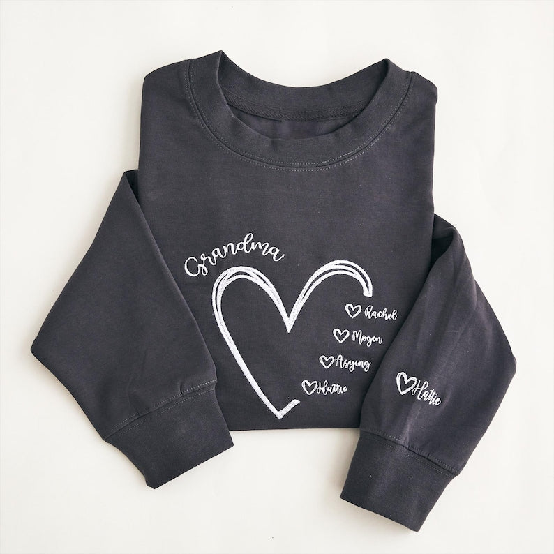 Personalized Grandma Sweatshirt, Custom Nana Crewneck with Grandkids Names, Gift for Mom and Grandma, Heart Embroidered Hoodie, Family Gift