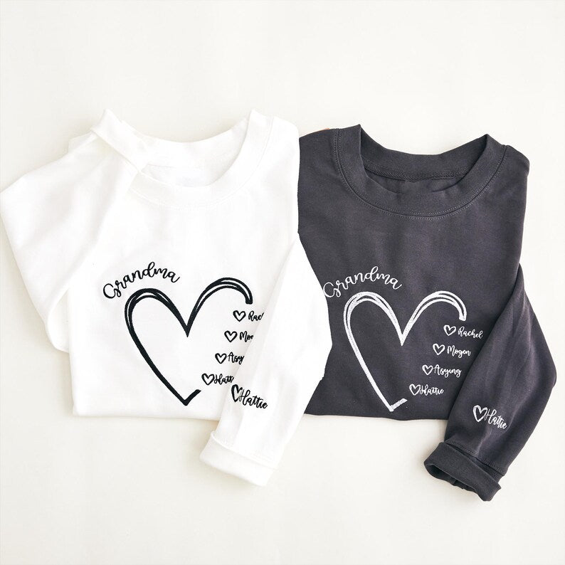 Personalized Grandma Sweatshirt, Custom Nana Crewneck with Grandkids Names, Gift for Mom and Grandma, Heart Embroidered Hoodie, Family Gift