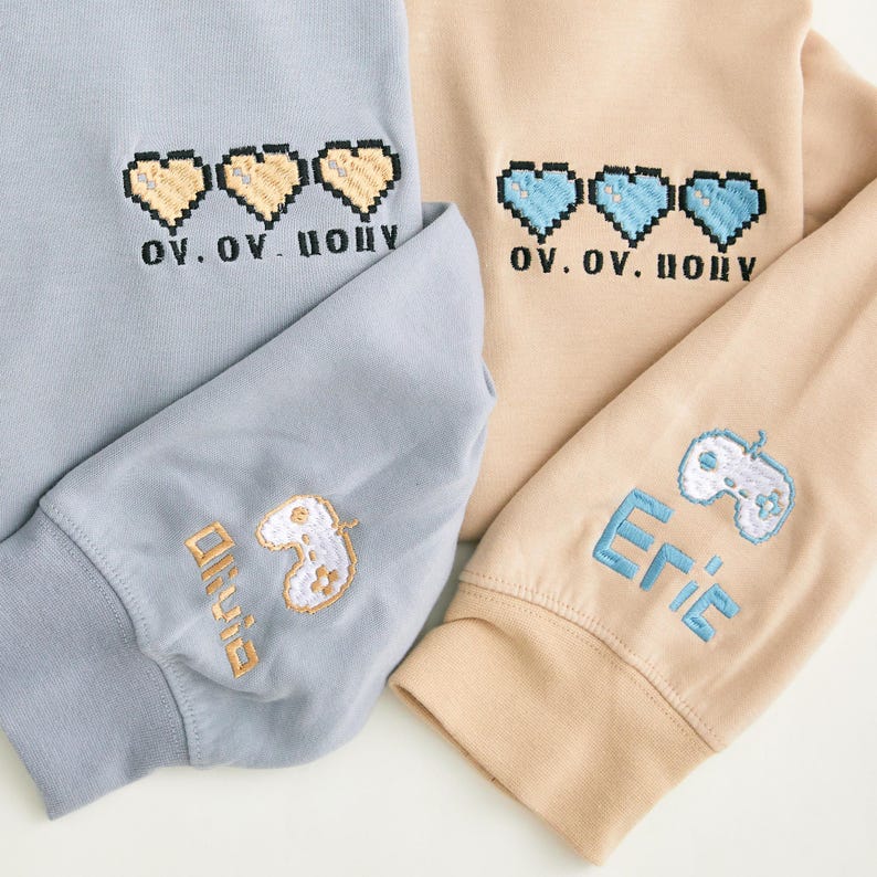 Embroidered Pixel Heart Matching Hoodies, His and Hers Gamer Sweatshirt, Custom Date Hoodie, Valentine s Gift for Boyfriend or Girlfriend