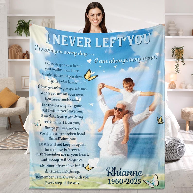 Personalized Memorial Blanket with Photo I Never Left You Sympathy Gift for Loss of Grandma Grandpa Memorial Photo Blanket Remembrance Gift