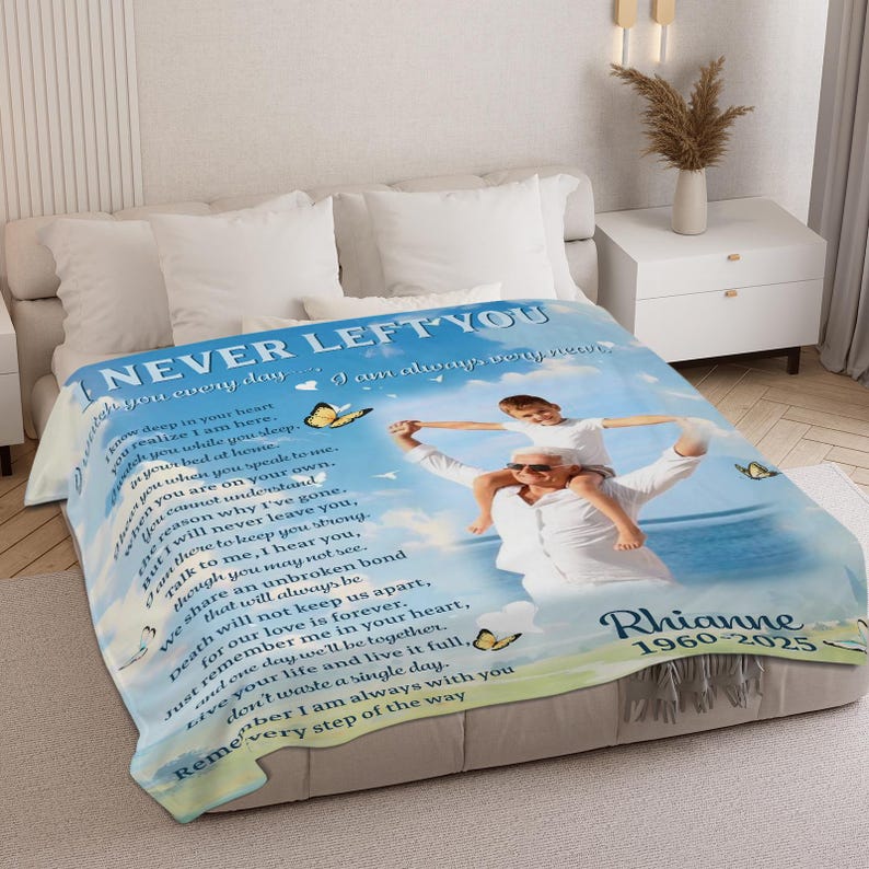 Personalized Memorial Blanket with Photo I Never Left You Sympathy Gift for Loss of Grandma Grandpa Memorial Photo Blanket Remembrance Gift