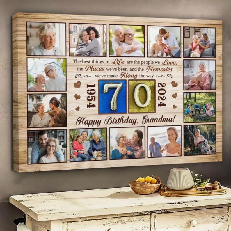 Custom 70th Birthday Gift for Grandma - Personalized Photo Collage Canvas - Grandmother Birthday Gift - Grandpa Birthday Memory Wall Art