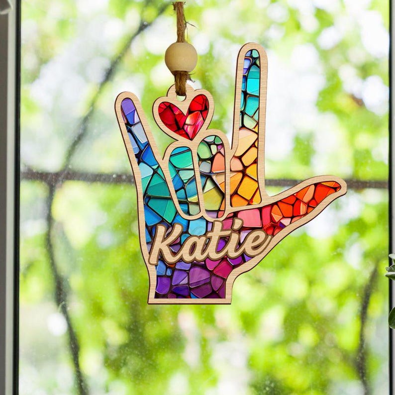 Personalized Sign Language ASL I Love You Suncatcher, Sign Language Gift, ASL Gift, ASL Teacher, American Sign Language,Love&Peace Hand Sign