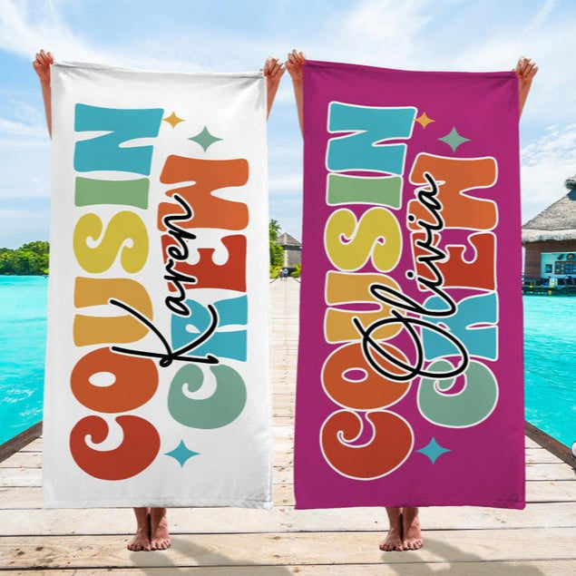 Personalized Cousin Crew Beach Towel, Summer Beach Gift for Cousin, Custom Name Pool Towel, Matching Cousin Trip Gift, Family Vacation Gift