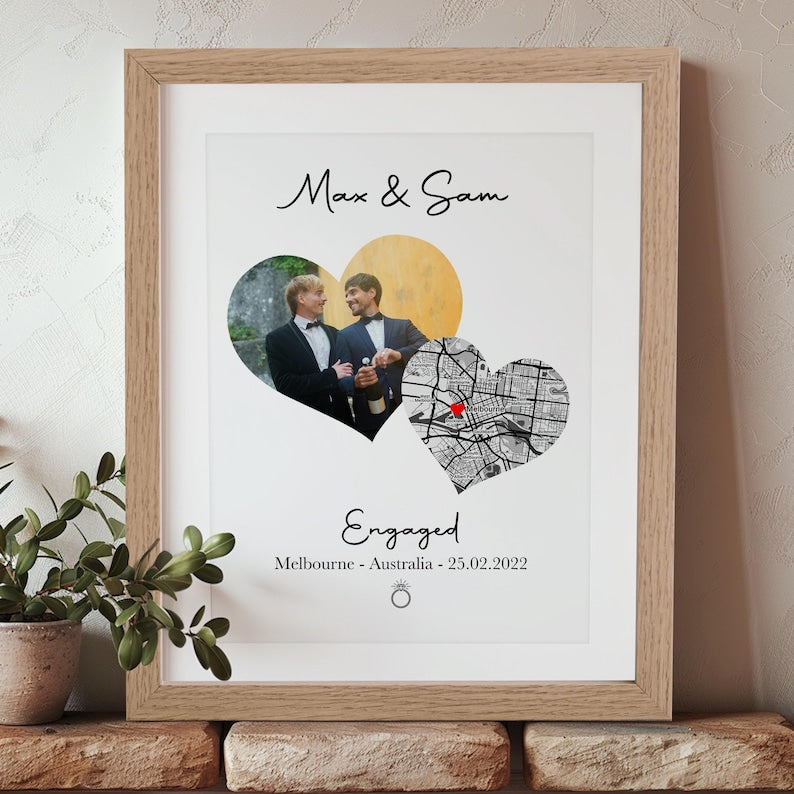 Engagement Gift For Couple - Engagement Map - Couples Gift - Personalised Map Photo Print - Engagement Map - Framed Engagement Print