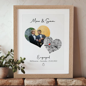 Engagement Gift For Couple - Engagement Map - Couples Gift - Personalised Map Photo Print - Engagement Map - Framed Engagement Print