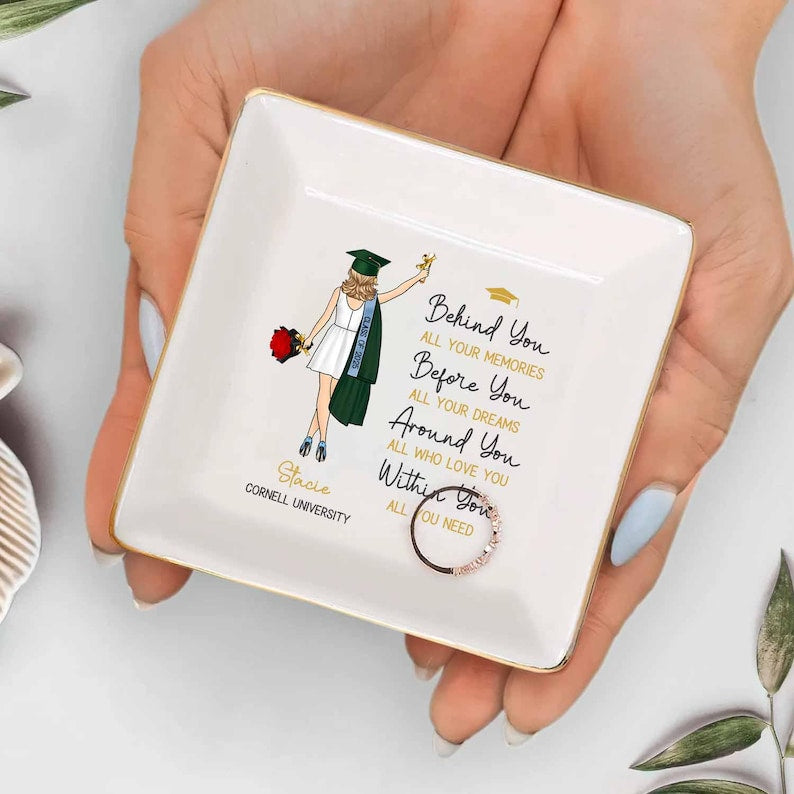 Behind You All Memories - Personalized Jewelry Dish, Graduation Gift For Her, College, High School Graduation, Masters Degree Gifts
