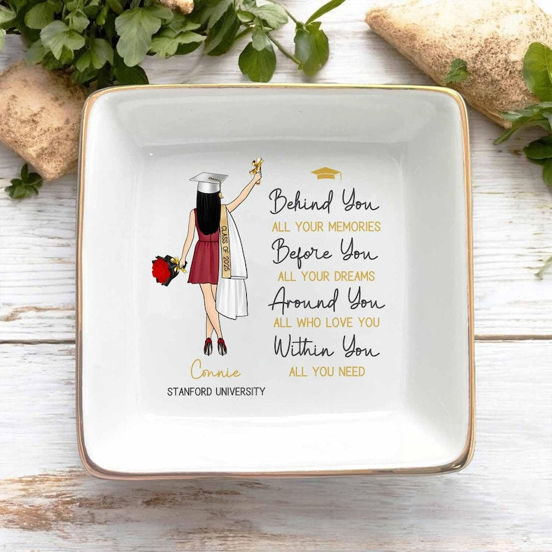 Behind You All Memories - Personalized Jewelry Dish, Graduation Gift For Her, College, High School Graduation, Masters Degree Gifts