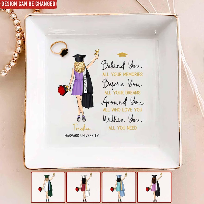 Behind You All Memories - Personalized Jewelry Dish, Graduation Gift For Her, College, High School Graduation, Masters Degree Gifts