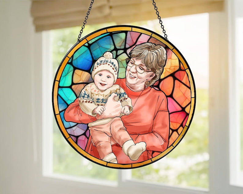 Personalized Grandma And Grandkids Portrait Faux Stained Glass, Custom Photo Family Window Hanging Ornament, Christmas Gift For Mom, Grandma