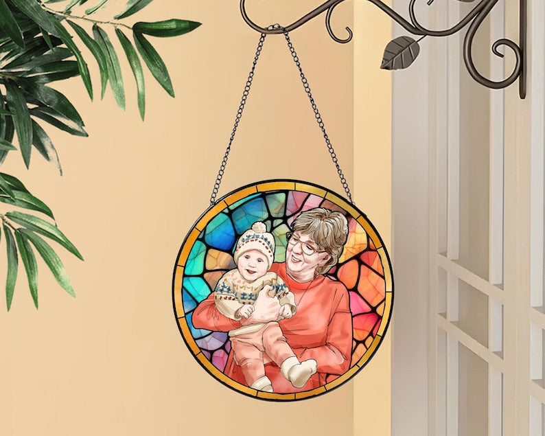 Personalized Grandma And Grandkids Portrait Faux Stained Glass, Custom Photo Family Window Hanging Ornament, Christmas Gift For Mom, Grandma