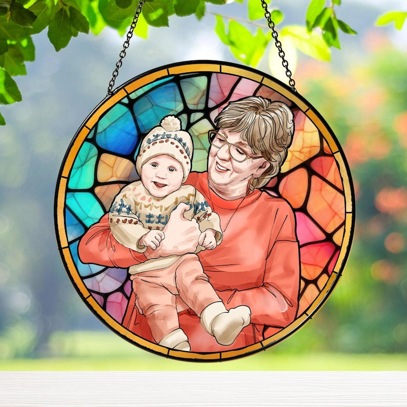 Personalized Grandma And Grandkids Portrait Faux Stained Glass, Custom Photo Family Window Hanging Ornament, Christmas Gift For Mom, Grandma