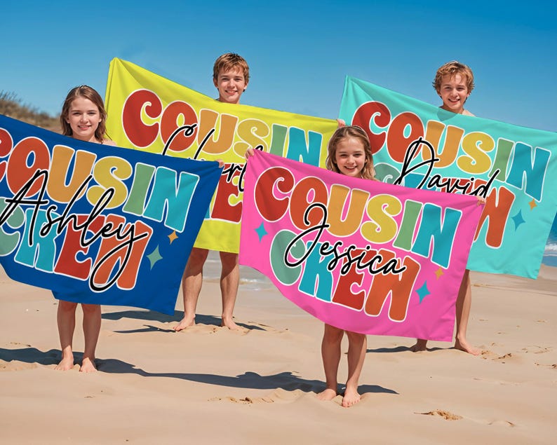 Personalized Cousin Crew Beach Towel, Summer Beach Gift for Cousin, Custom Name Pool Towel, Matching Cousin Trip Gift, Family Vacation Gift