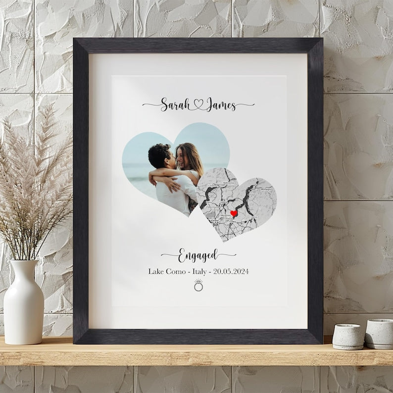 Engagement Gift For Couple - Engagement Map - Couples Gift - Personalised Map Photo Print - Engagement Map - Framed Engagement Print