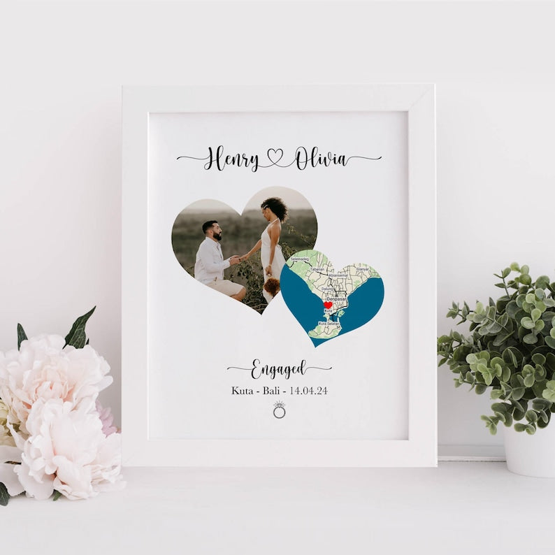 Engagement Gift For Couple - Engagement Map - Couples Gift - Personalised Map Photo Print - Engagement Map - Framed Engagement Print