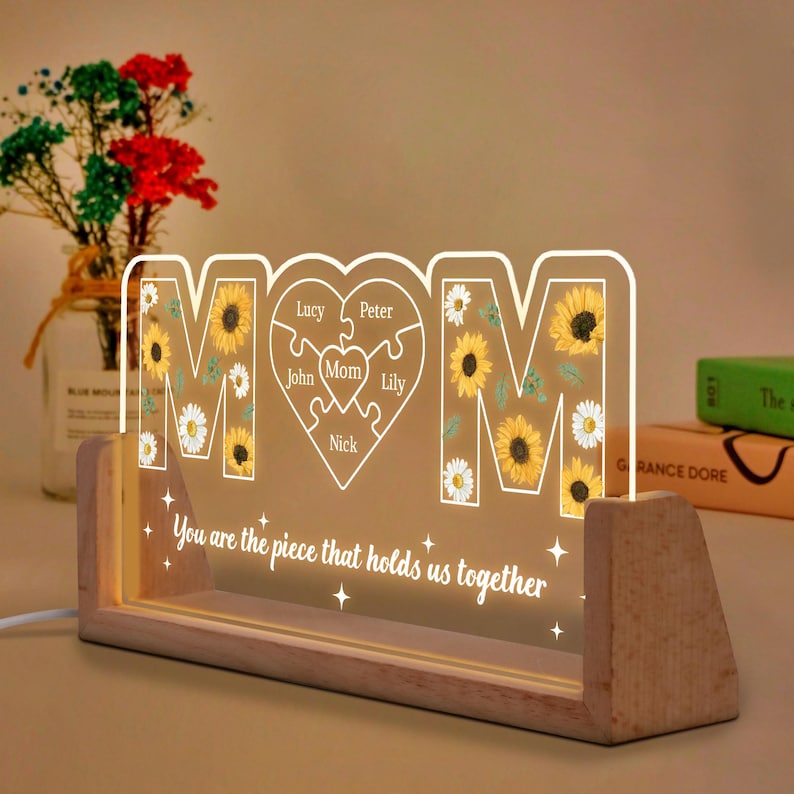 Custom Mother's Day Puzzle Night Light, Custom Mom Sunflower Gift, Mother's Day Gift, Gift For Mom, Mom Birthday Gift, Mom Gift From Kids
