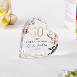 Personalised 50th Wedding Anniversary Gift Golden Heart-Shaped Acrylic Plaque Custom Keepsake with Names Date Elegant Gold Wedding Present