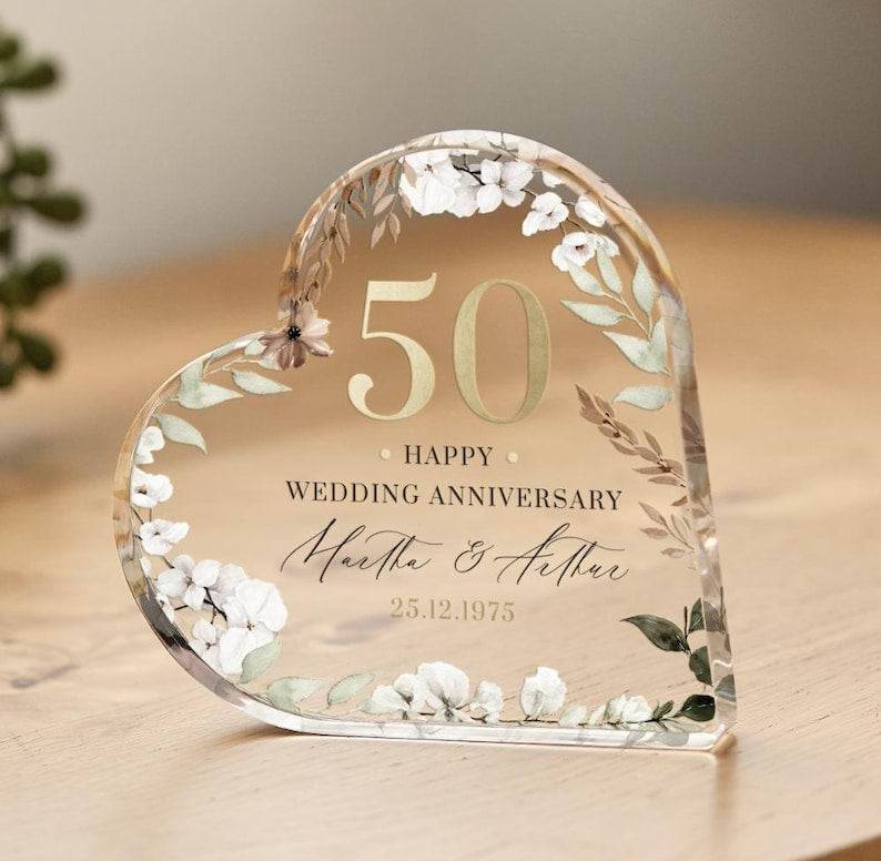 Personalised 50th Wedding Anniversary Gift Golden Heart-Shaped Acrylic Plaque Custom Keepsake with Names Date Elegant Gold Wedding Present
