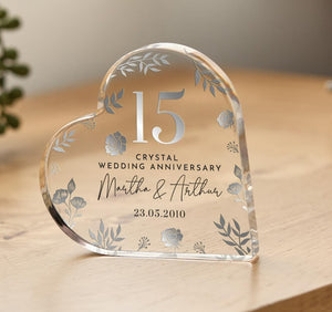 Personalised 15th Wedding Anniversary Gift Crystal Anniversary Heart-Shaped Acrylic Plaque Custom Keepsake with Names Date Elegant Floral
